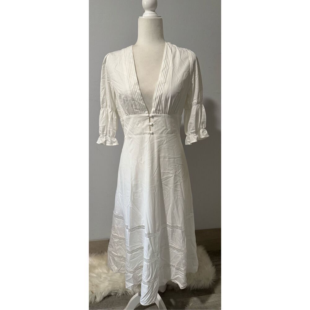 Caara white lace trim v neck boho dresss M